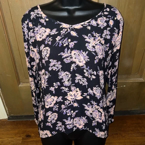 LAST CALL Billabong Distant Road Black Pink V Neck Floral Long Sleeve Top Size L - Picture 3 of 8